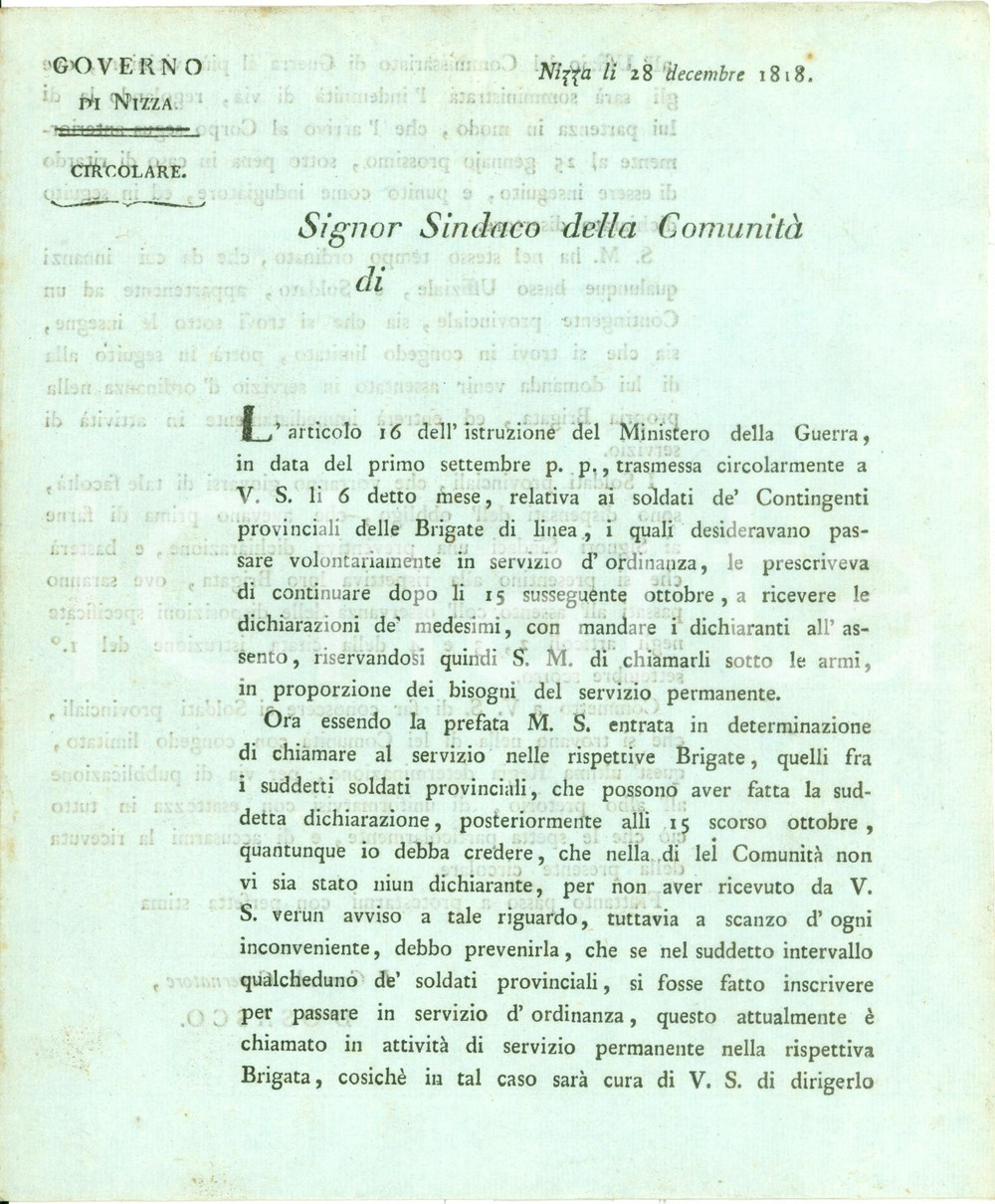 Documento originale, autentico 1818 NIZZA Soldati delle Brigate di linea chiamati in servizio attivo *Documento 1