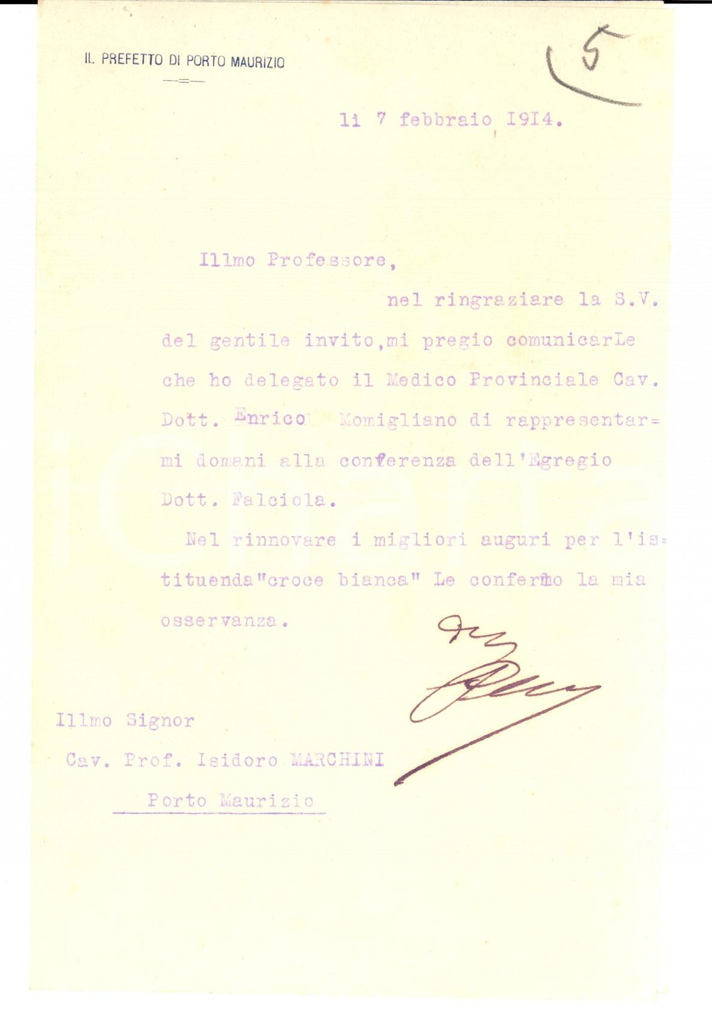 Manoscritto, lettera originale 1914 PORTO MAURIZIO IM Prefetto Angelo PESCE delega a MOMIGLIANO Autografo 1