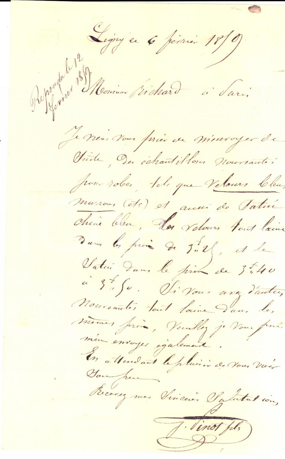 Documento originale, autentico 1859 LIGNYLECHATEL F Nuovo velluto blu per mercante PINOT Lettera 1
