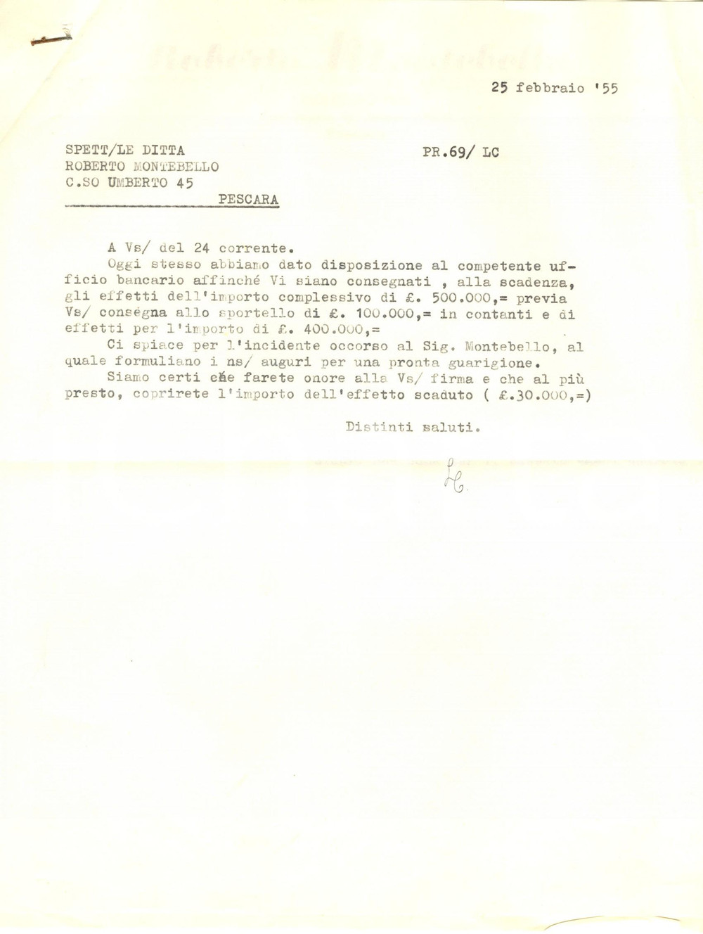 Manoscritto, lettera originale 1955 ROMA Agenzia Roberto MONTEBELLO Noleggio film con attività bloccata 1