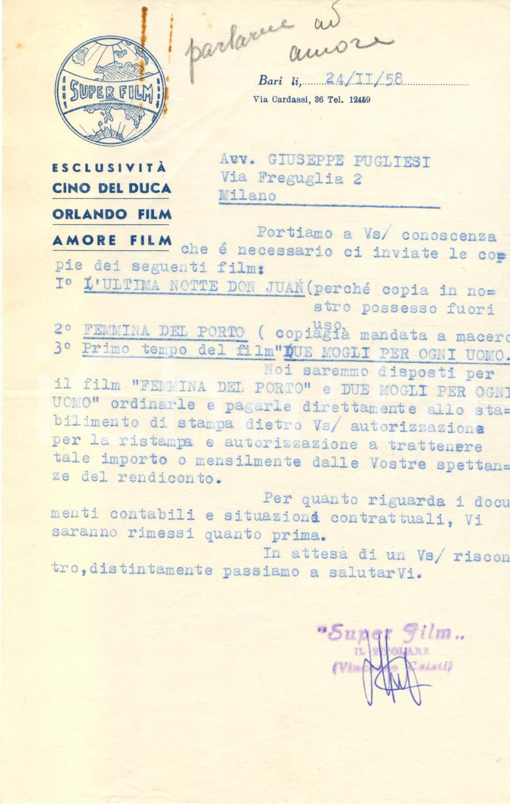 Manoscritto, lettera originale 1958 BARI La SUPER FILM chiede copia di  Femmina del porto  Lettera 1