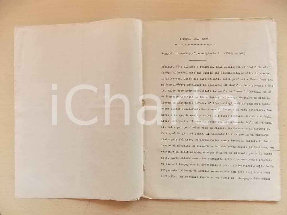 Oggetto da collezione cartaceo 1950 ca RAPALLO Hotel Excelsior CINEMA Andrea MARONI Soggetto  L onore del mare 1