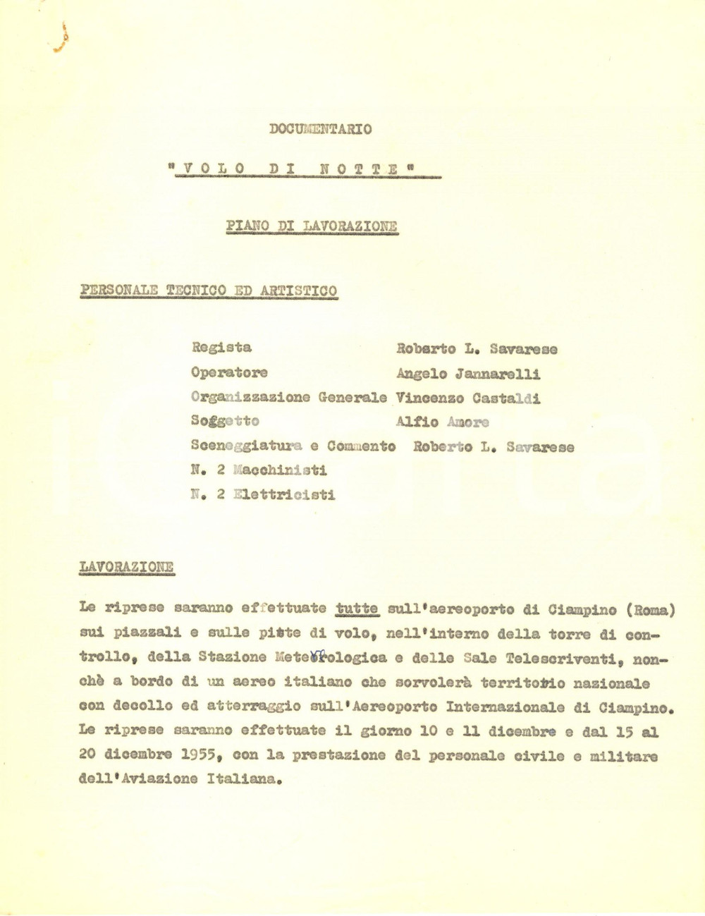 Manoscritto, lettera originale 1950 ca Documentario VOLO DI NOTTE di Roberto SAVARESE  Piano di lavorazione 1