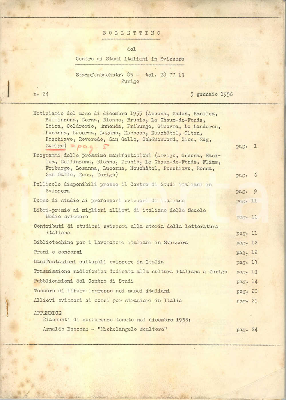 Documento originale, autentico 1956 ZURIGO CH Bollettino del Centro Studi Italiani in Svizzera n° 24 1