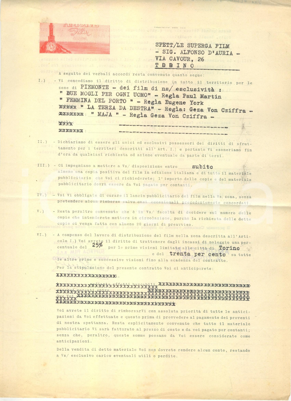 Documento originale, autentico 1956 GENOVA Convenzione SUPERGA FILM e AMORE FILM per distribuzione in Piemonte 1