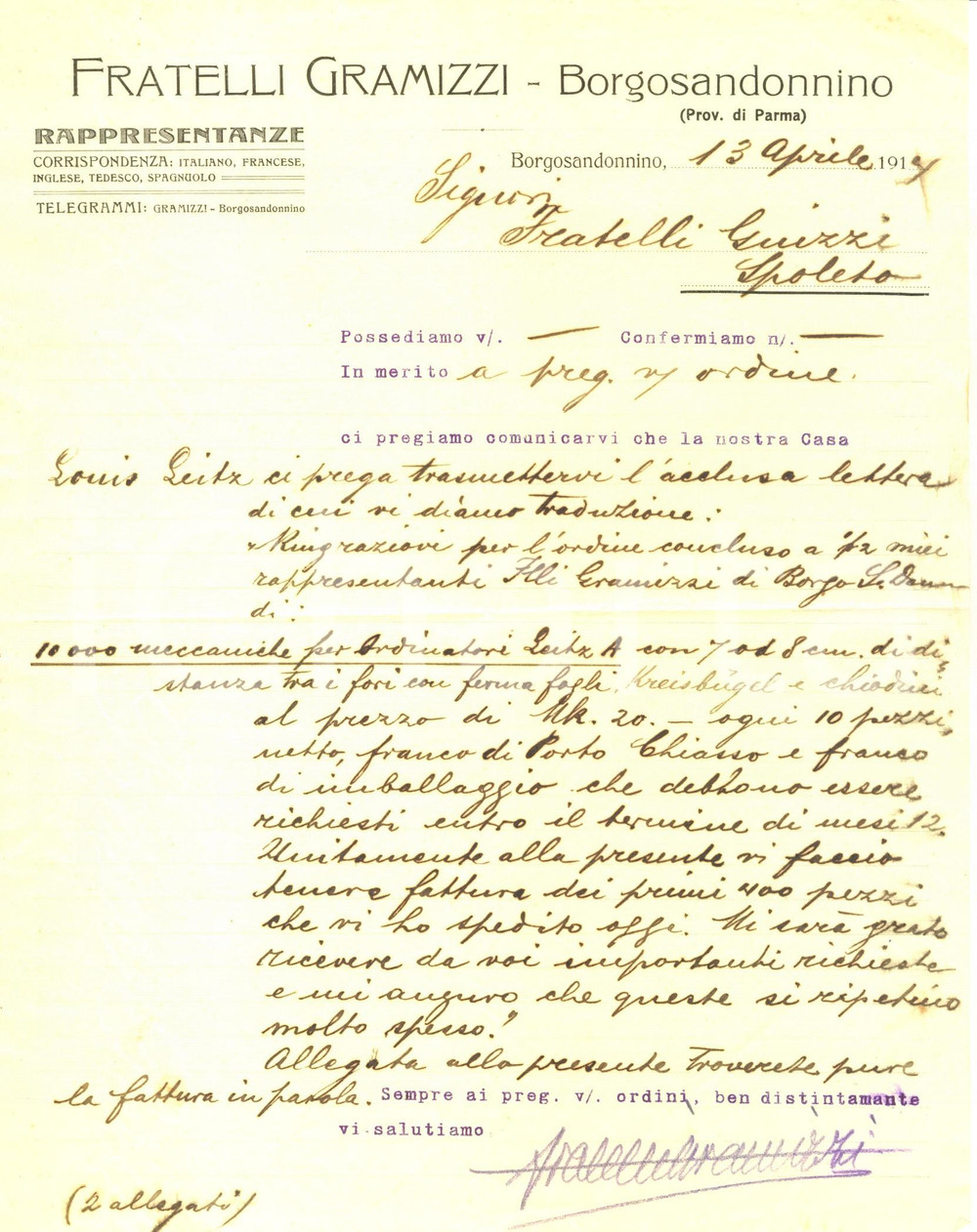 Documento originale, autentico 1914 BORGO SAN DONNINO FIDENZA Vendita macchine ordinatori LEITZ A Lettera 1