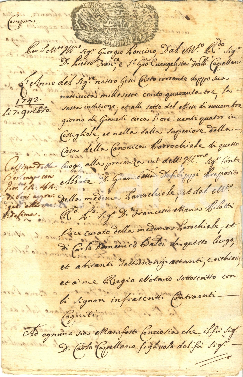 Documento originale, autentico 1743 COSTIGLIOLE D'ASTI Fratelli CAPELLANI vendono cascina VERLENGA *Manoscritto 1
