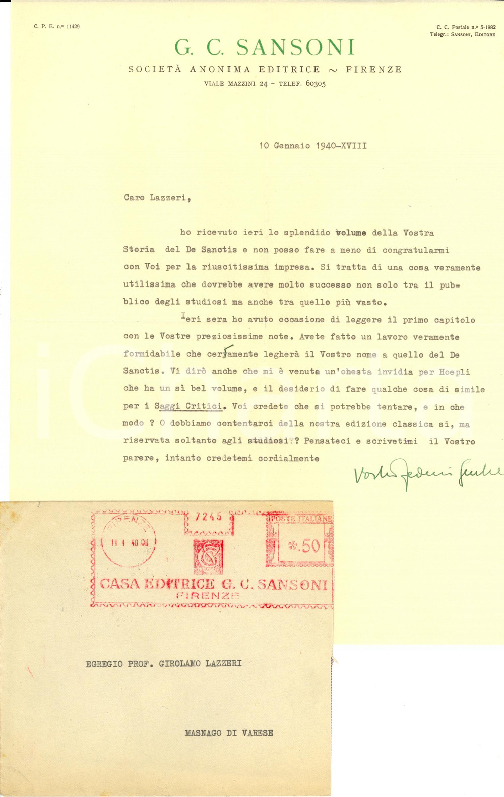 Autografo originale 1940 FIRENZE Casa editrice SANSONI Lettera Federico GENTILE  Autografo 1