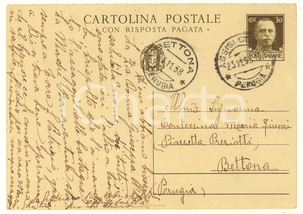 Autografo originale 1938 BETTONA (PG) Contessa Chiara FIUMI Tempi tristissimi per tutti FG VG 1