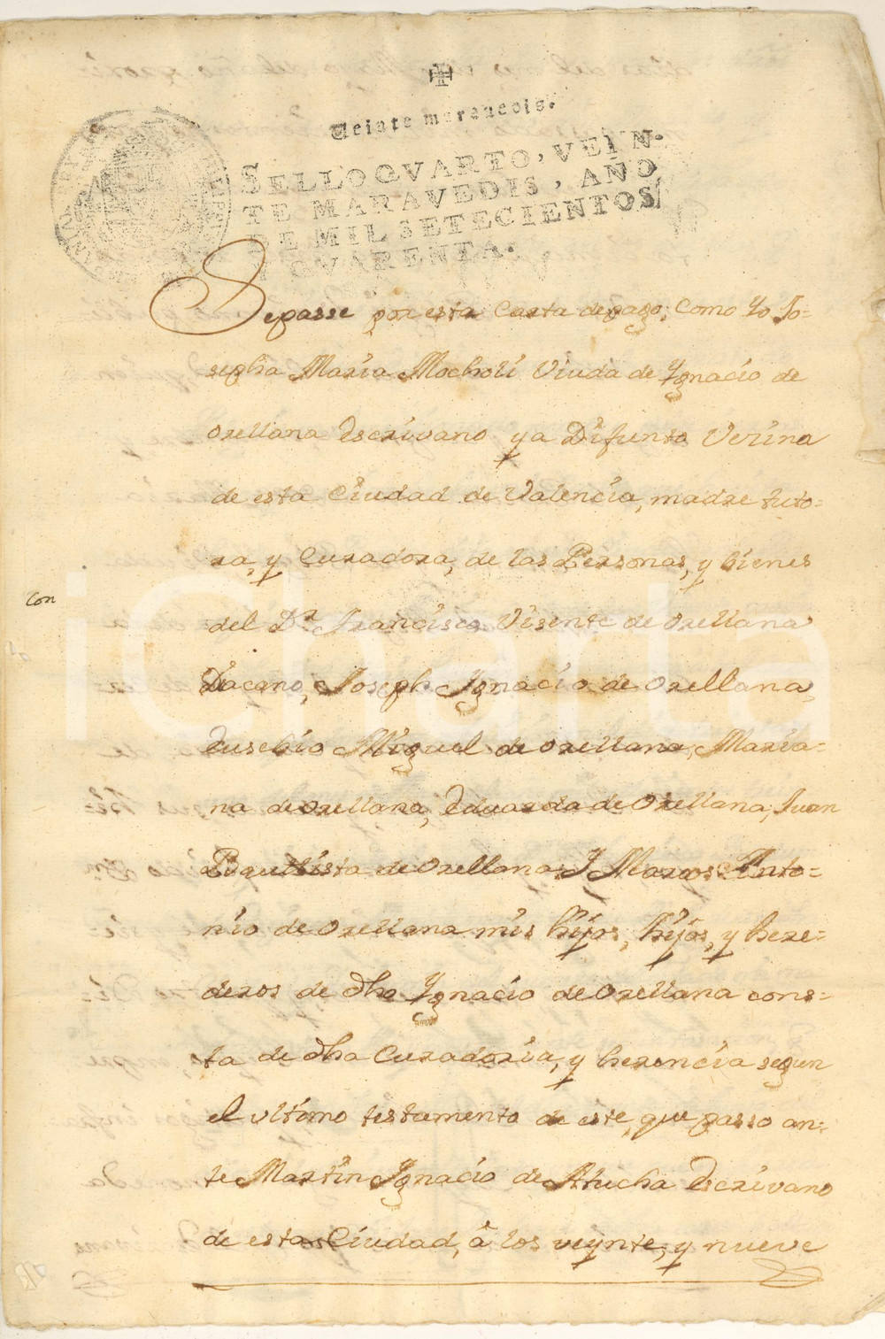 Documento originale, autentico 1740 VALENCIA Carta de pago Josepha Maria MOCHOLI vidua de OXELLARIA 1