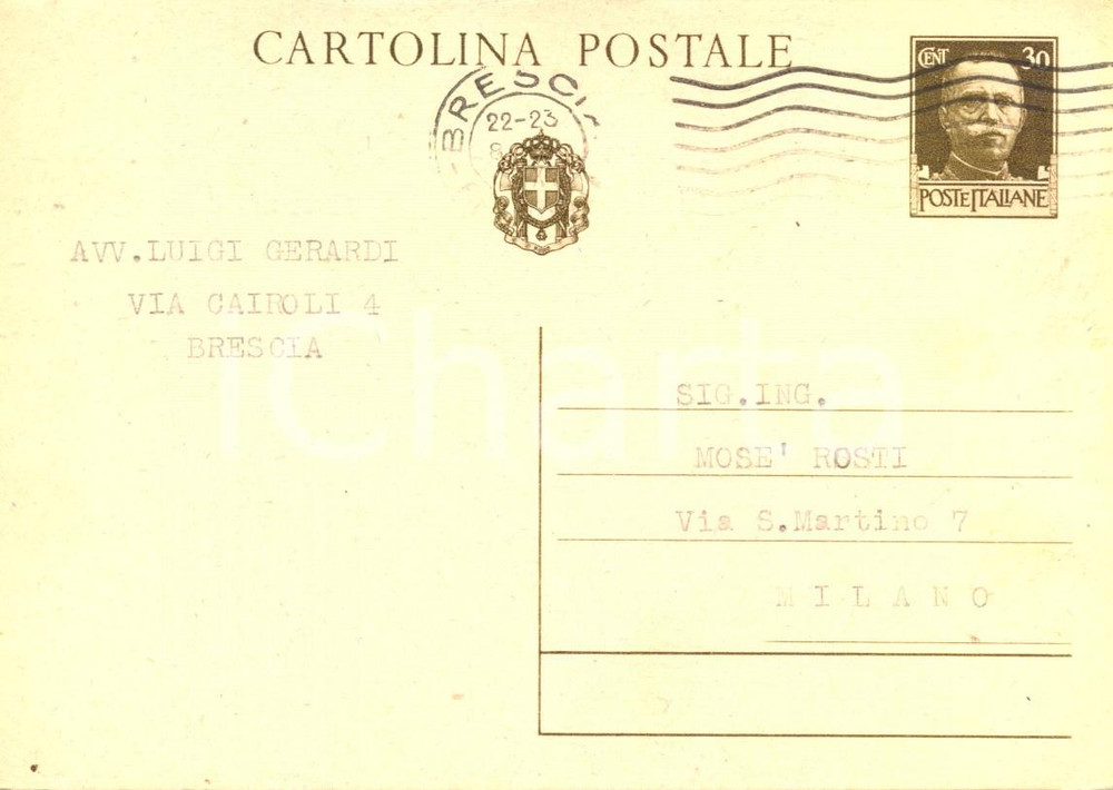 Cartolina originale da collezione 1937 BRESCIA Avvocato Luigi GERARDI avverte lo zio di una sua visita *Cartolina 1