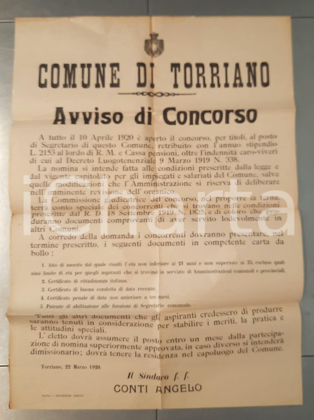 Documento originale, autentico 1920 TORRIANO (PV) Avviso concorso segretario comunale MANIFESTO 1