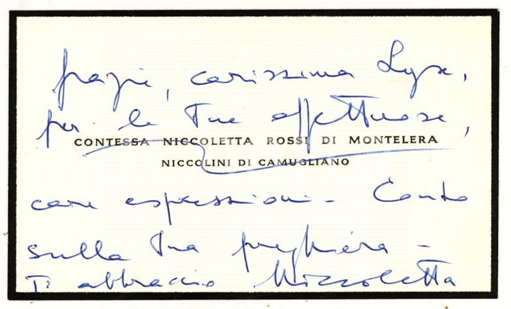 Autografo originale 1940 TORINO Contessa Nicoletta ROSSI DI MONTELERA - Biglietto AUTOGRAFO 1
