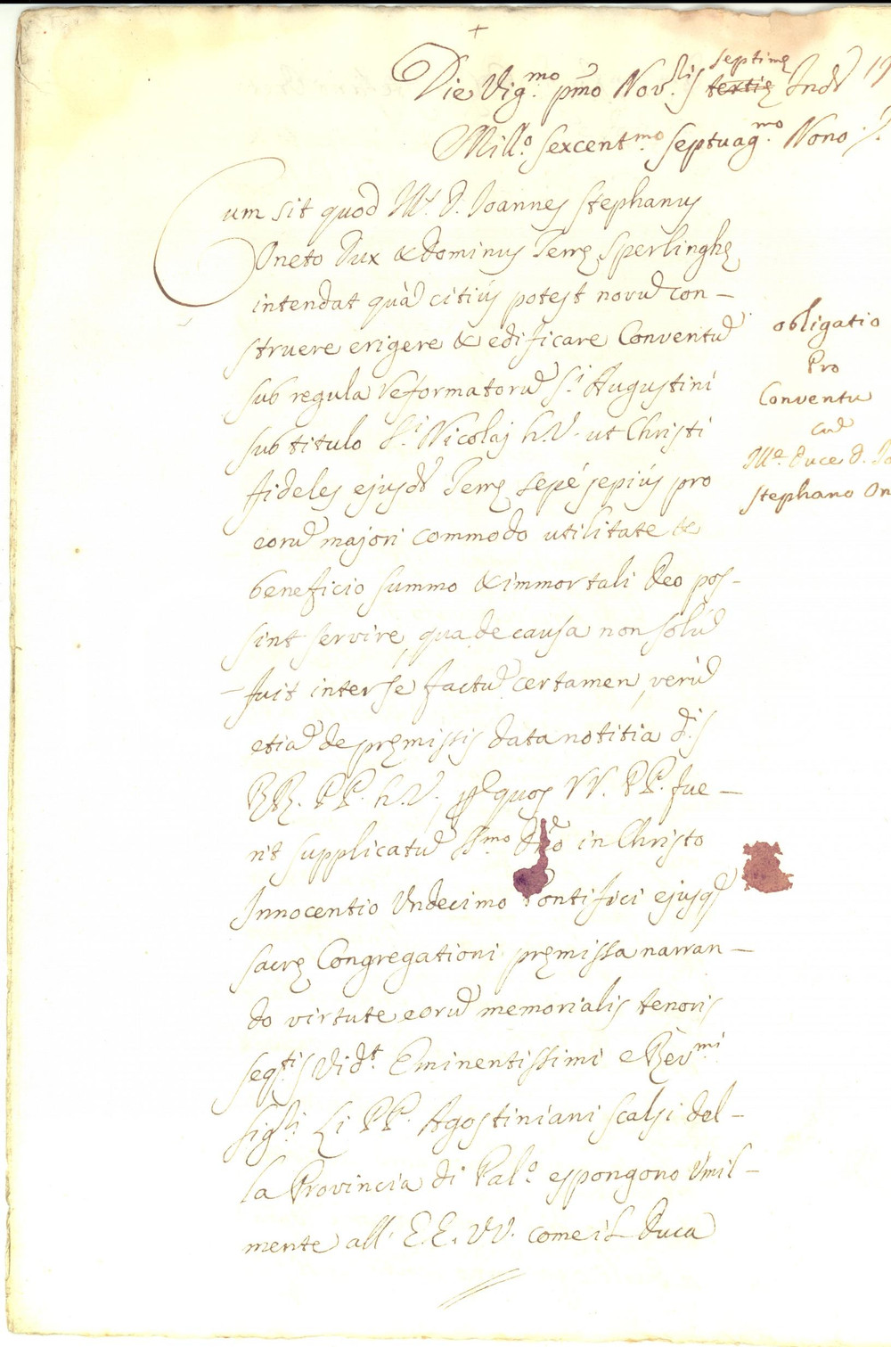 Documento originale, autentico 1679 PALERMO Dotazione Duchi di SPERLINGA per convento di SAN NICOLO  TOLENTINO 1