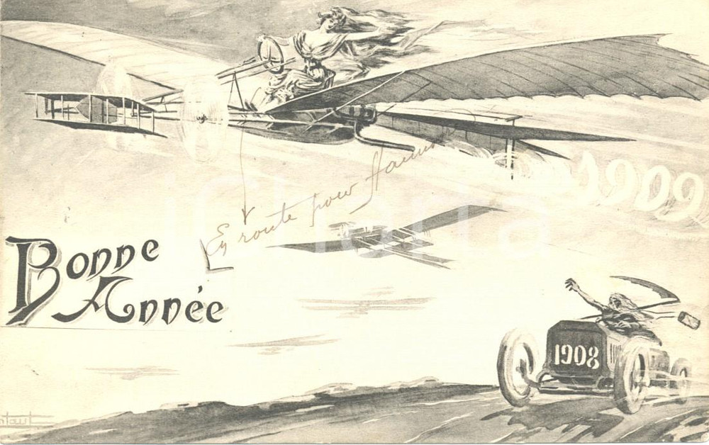 Cartolina originale da collezione Capodanno 1908 AUTO DELLA MORTE vs AEREO - Cartolina RARA FP VG 1