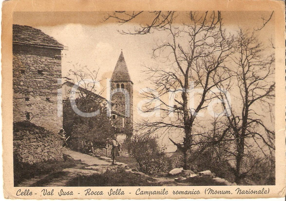 Cartolina originale da collezione 1950 ca CAPRIE (TO) Frazione CELLE Donna guarda campanile *Cartolina DANNEGGIATA 1