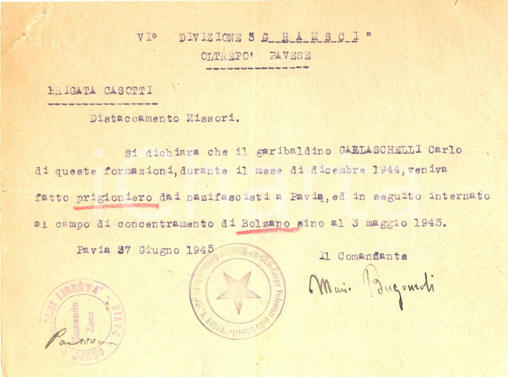 Documento originale, autentico 1945 CLN PAVIA Partigiano Carlo GARLASCHELLI internato campo di concentramento 1