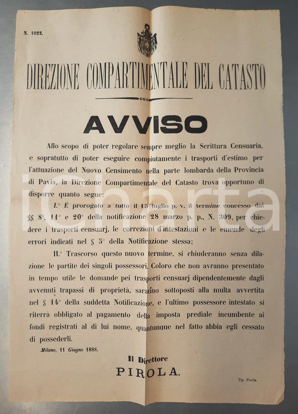 Documento originale, autentico 1888 MILANO Nuovo censimento CATASTO provincia di PAVIA Manifesto 1