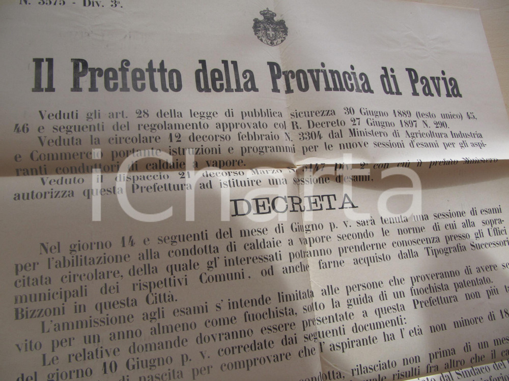 Documento originale, autentico 1899 PAVIA Esami per la condotta delle caldaie a vapore Manifesto (3) 1