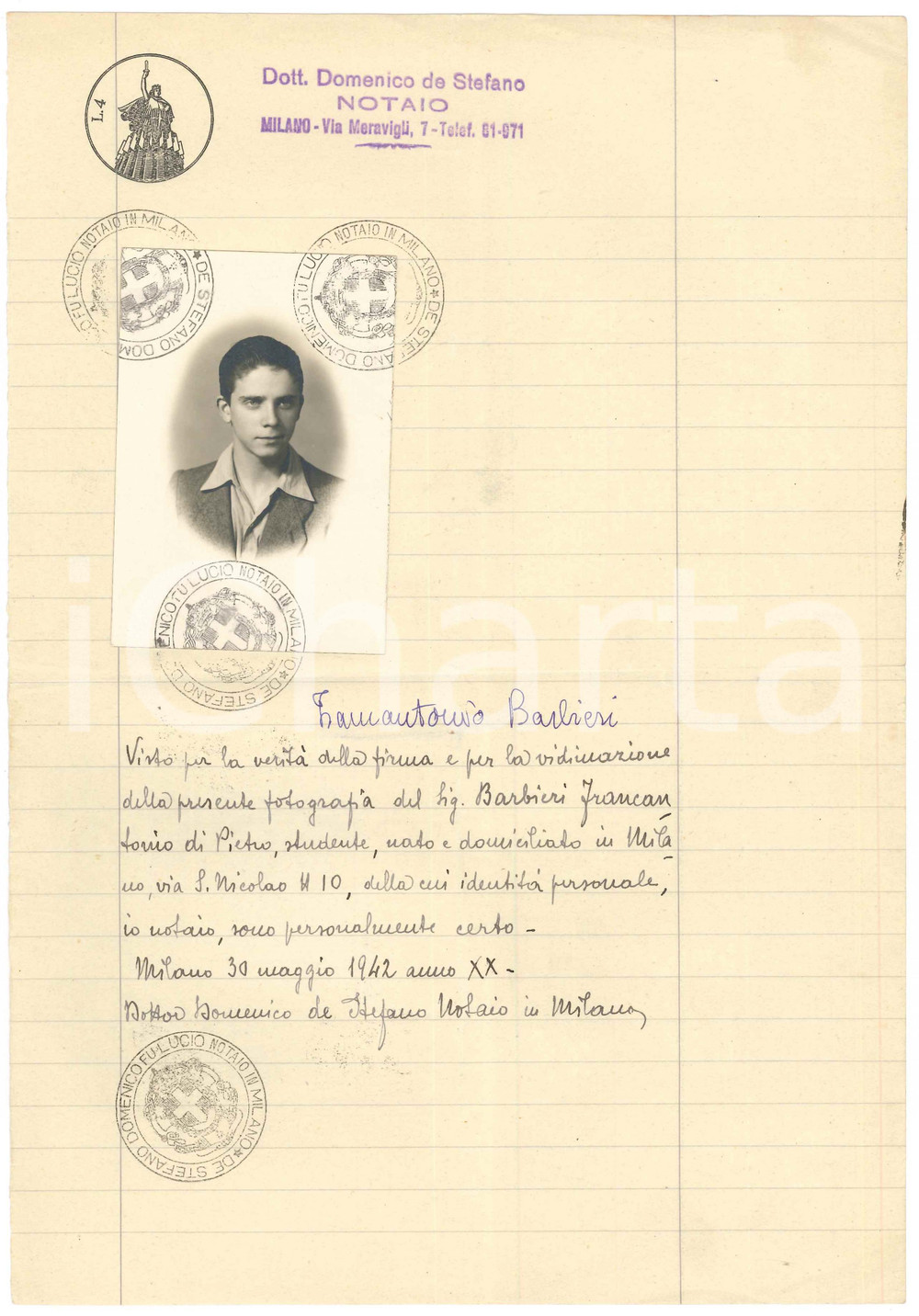 Documento originale, autentico 1942 MILANO Visto per Francantonio BARBIERI con vera foto Notaio DE STEFANO 1
