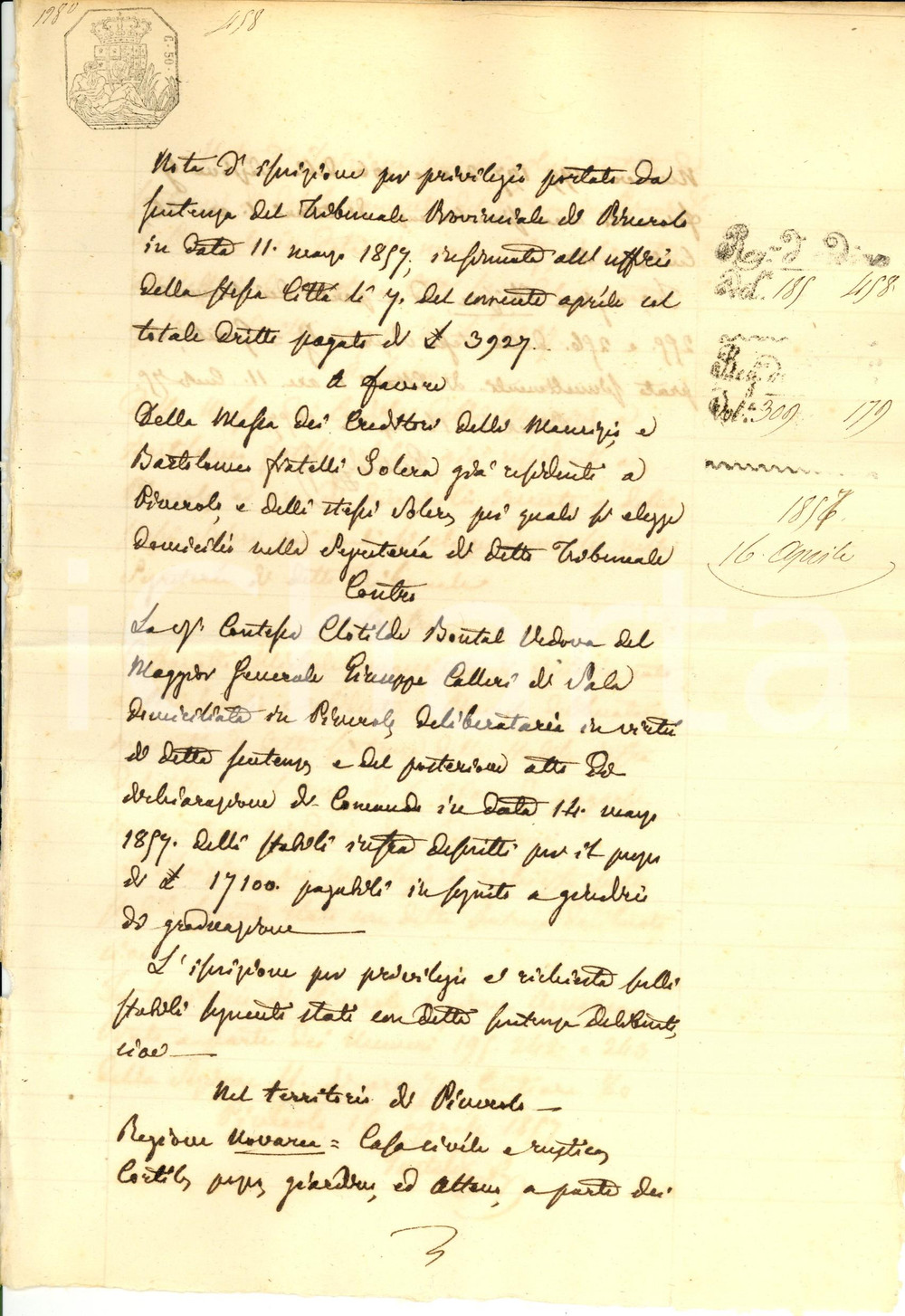 Documento originale, autentico 1857 PINEROLO (TO) Creditori SOLERA contro contessa Clotilde BONTAL CALLERI 1