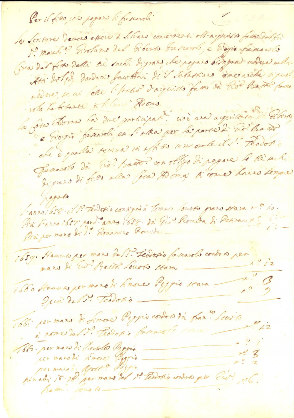 Documento originale, autentico 1665 MONTACUTO AL Fitti in natura dovuti dai marchesi FRESCAROLO per il feudo 1