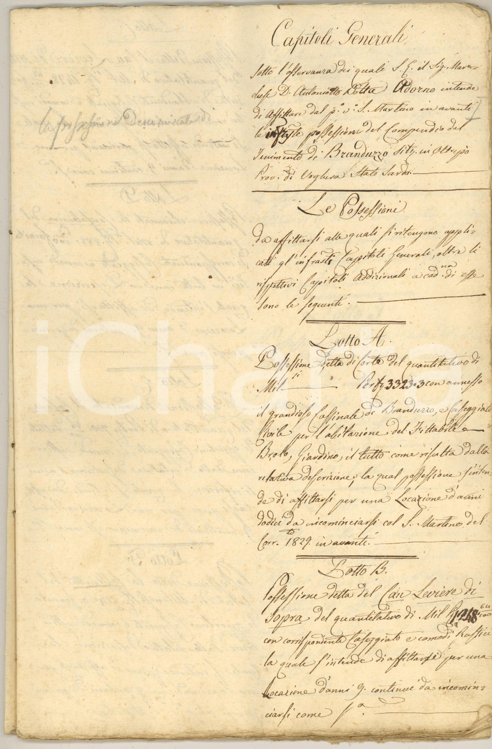 Documento originale, autentico 1829 CASTELLETTO DI BRANDUZZO Capitoli per affitto terre Antoniotto BOTTA ADORNO 1