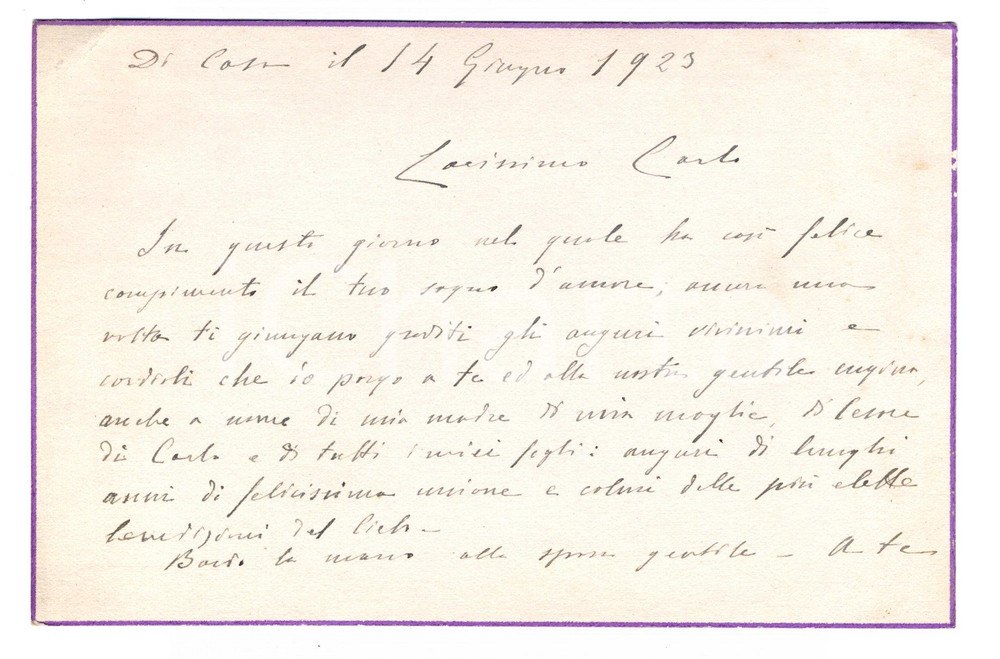 Autografo originale 1923 TORINO Biglietto autografo conte Prospero BALBI 1