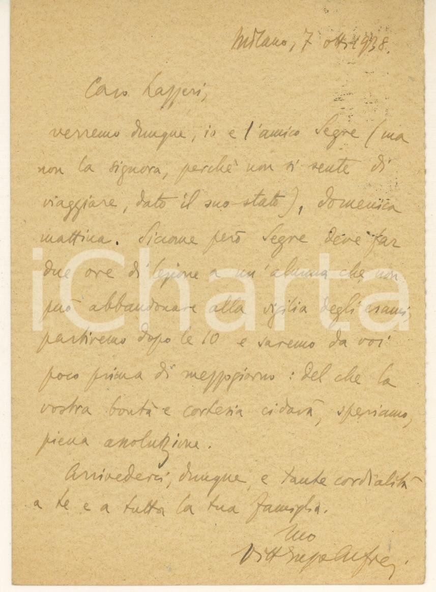 Autografo originale 1938 MILANO Vittorio Enzo ALFIERI e Umberto SEGRE in visita a LAZZERI Autografo 1