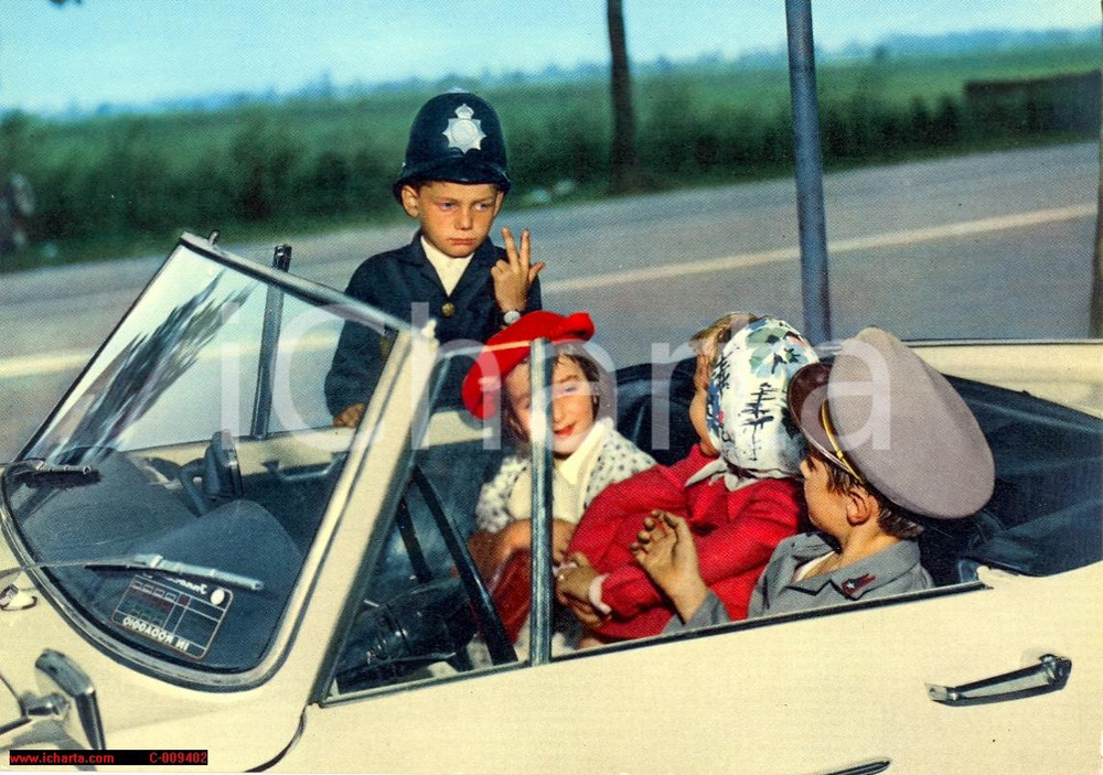 Cartolina originale da collezione 1975 ca INFANZIA Vigile bambino multa automobile Cartolina VINTAGE FG NV 1