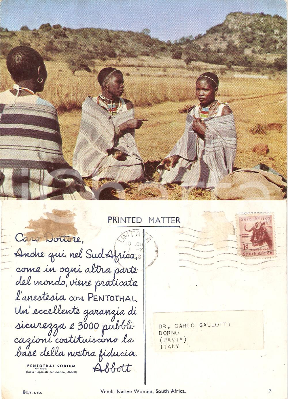 Cartolina originale da collezione 1960 ca PENTOTHAL SODIUM ABBOTT Venda Native woman SOUTH AFRICA Cartolina FG VG 1