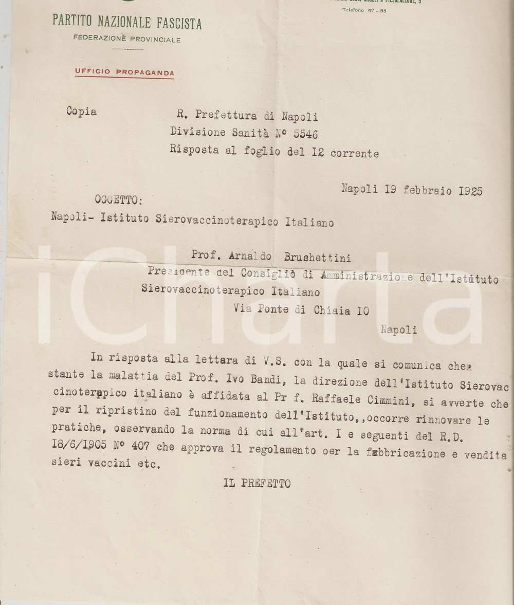 Documento originale, autentico 1925 NAPOLI Raffaele CIMMINI nuovo direttore Istituto Sierovaccinoterapico 1
