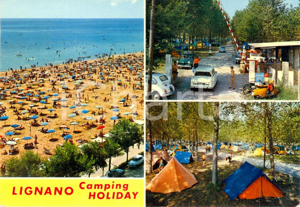 Cartolina originale da collezione 1972 LIGNANO SABBIADORO UD Vedutine Camping HOLIDAY spiaggia Cartolina VINTAGE 1