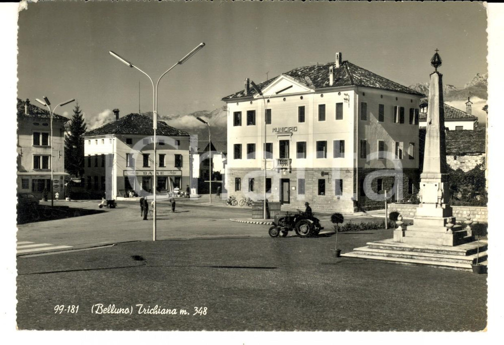 Cartolina originale da collezione 1960 ca TRICHIANA BL Veduta con il municipio Cartolina ANIMATA trattore FG VG 1