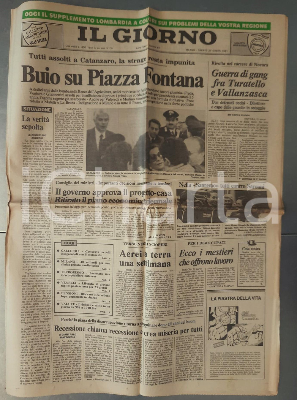 Giornale, rivista storica 1981 IL GIORNO Buio su Piazza Fontana  Tutti assolti a Catanzaro Giornale 1