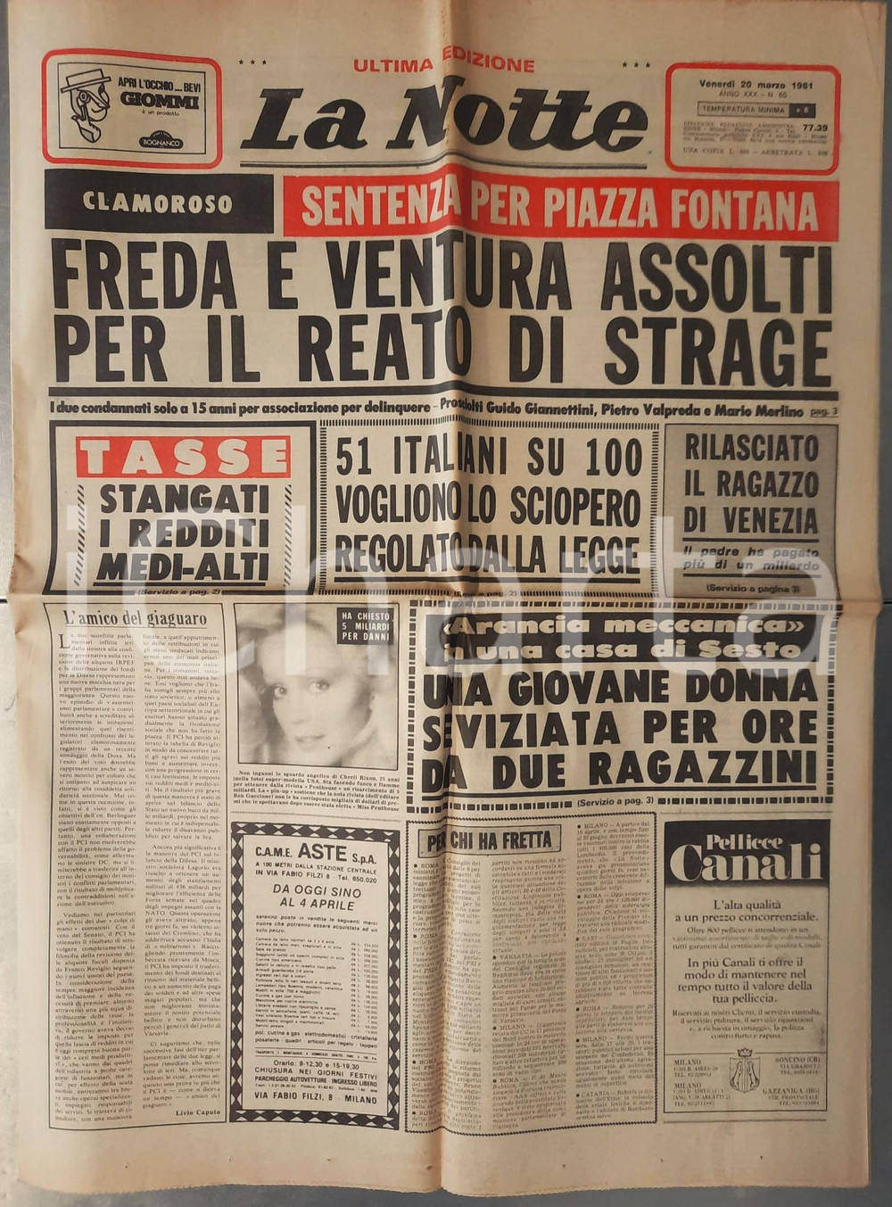 Giornale, rivista storica 1981 LA NOTTE Sentenza Piazza Fontana  Freda e Ventura assolti Giornale 1