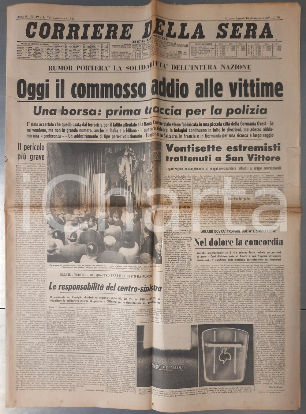 Giornale, rivista storica 1969 CORRIERE DELLA SERA Strage Piazza Fontana  Funerali e indagini Giornale 1