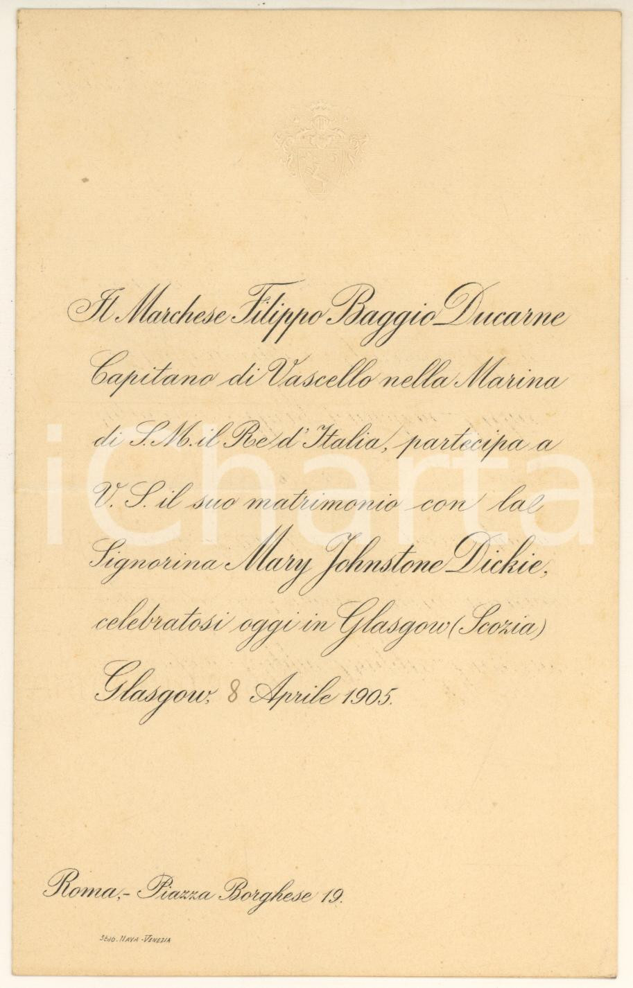 Documento originale, autentico 1905 GLASGOW Partecipazione nozze Filippo BAGGIO DUCARNE  Mary JOHNSTONE DICKIE 1