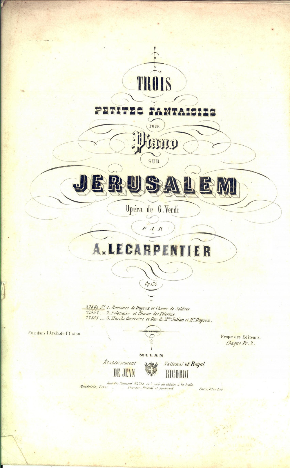 Oggetto da collezione cartaceo 1850 ca A. LE CARPENTIER Trois petites fantaisies pour piano sur Jerusalem 2 1