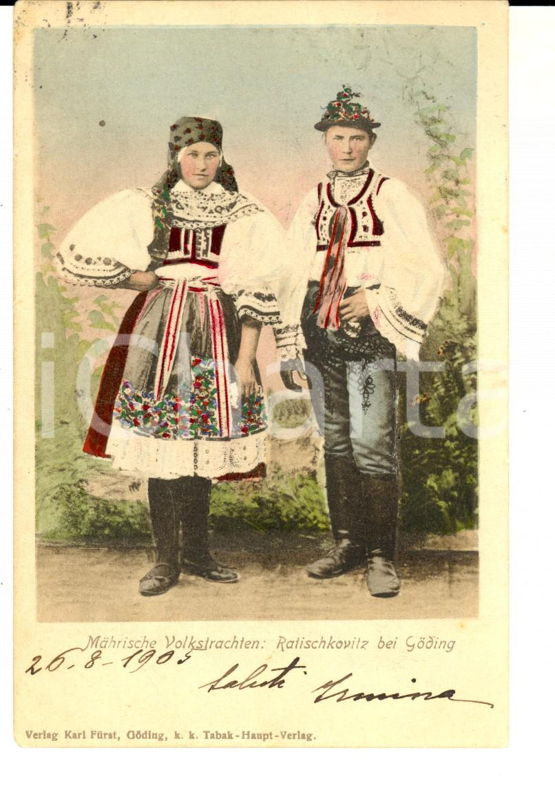 Autografo originale 1905 MORAVIA Coppia in costume tradizionale Cartolina marchesa Irmina STANGA 1
