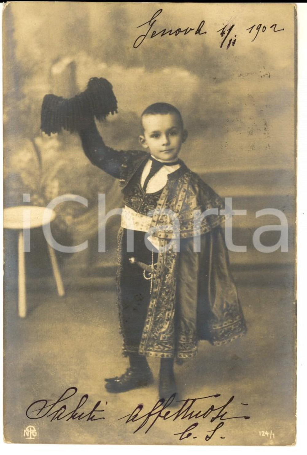 Cartolina originale da collezione 1902 GENOVA COSTUMI Saluto di un piccolo torero Cartolina VINTAGE FP VG 1