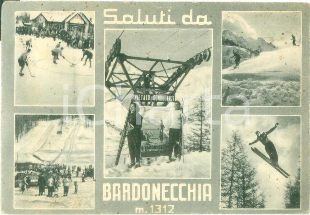 Cartolina originale da collezione 1955 BARDONECCHIA TO Vedutine sciatori e funivia Cartolina FG VG 1
