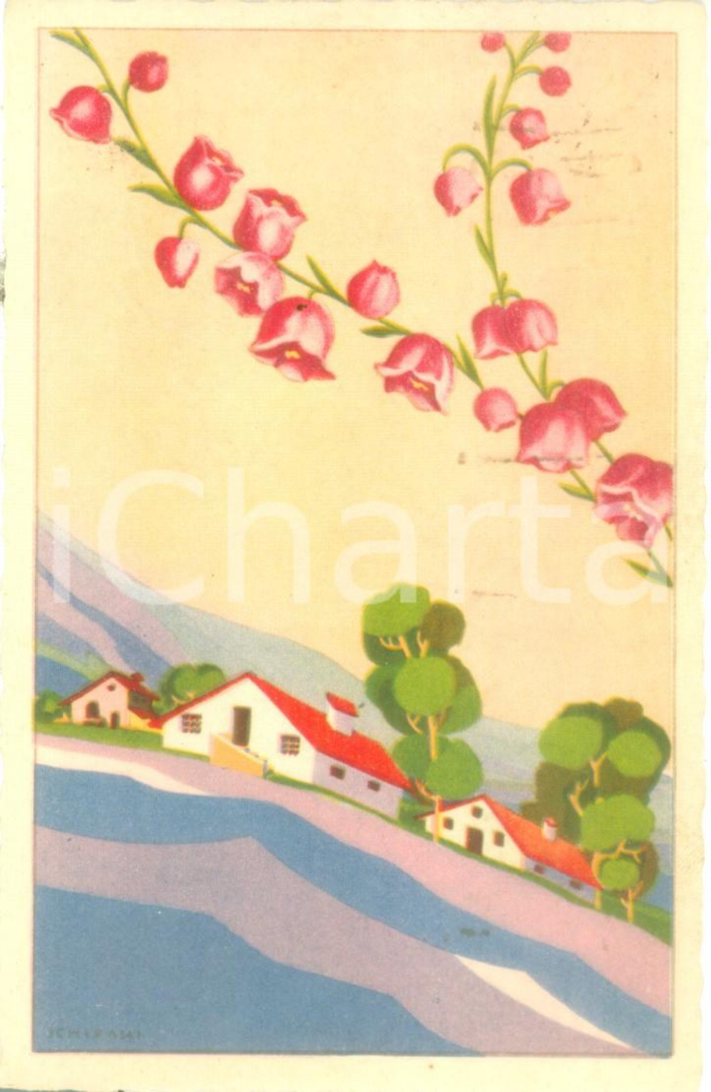 Cartolina originale da collezione 1933 ARTE Paesaggio di primavera Illustratore SCHIFANI *Cartolina FP VG 1