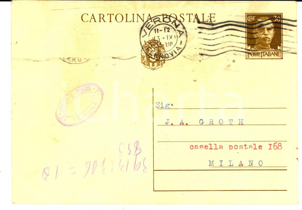 Documento originale, autentico 1935 VERONA Ditta Attilio TESSARI ordina pelli Cile a ditta GROTH Cartolina FG 1