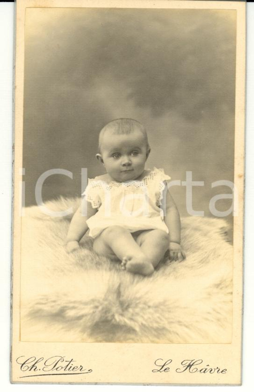 Fotografia d'epoca originale 1915 LE HAVRE Bambino su pelliccia - Foto Charles POTIER CDV 1