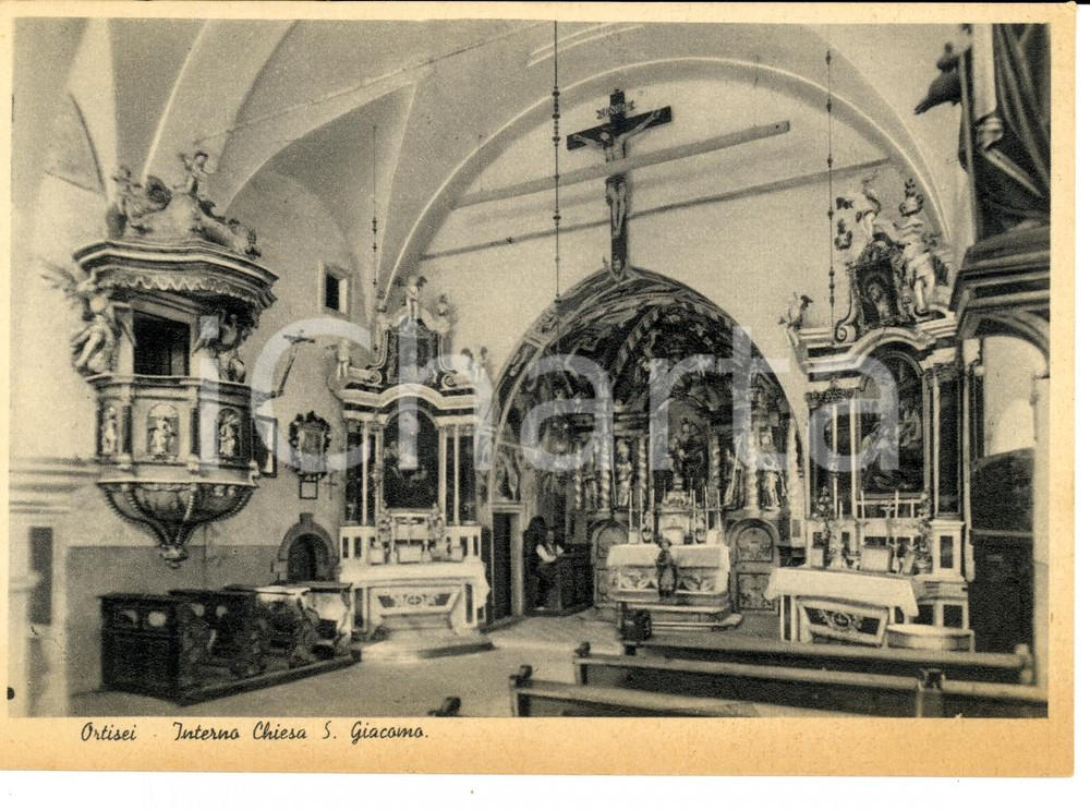Cartolina originale da collezione 1938 ORTISEI (BZ) Interno della chiesa di SAN GIACOMO *Cartolina FG VG 1