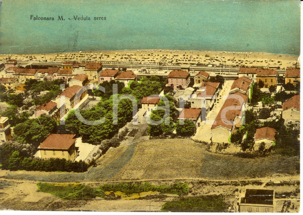 Cartolina originale da collezione 1956 FALCONARA MARITTIMA (AN) Veduta aerea del paese e della spiaggia *FG VG 1