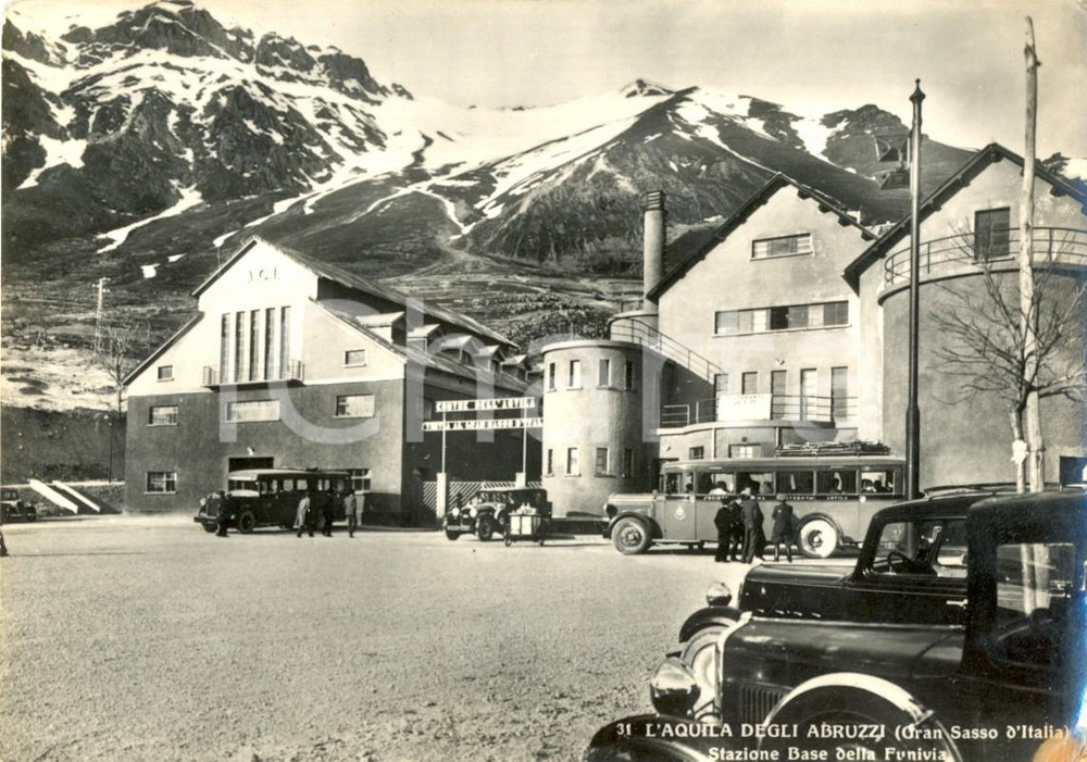 Cartolina originale da collezione 1955 ca L AQUILA Veduta GRAN SASSO e stazione base FUNIVIA Cartolina animata FG 1