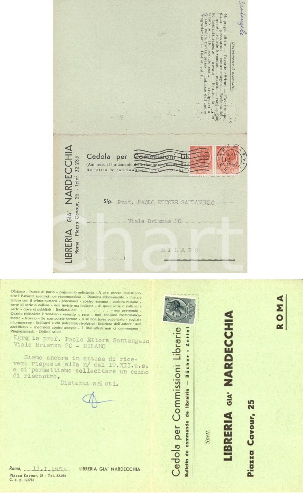 Cartolina originale da collezione 1957 ROMA Libreria NARDECCHIA sollecito risposta a Paolo Ettore SANTANGELO FG VG 1