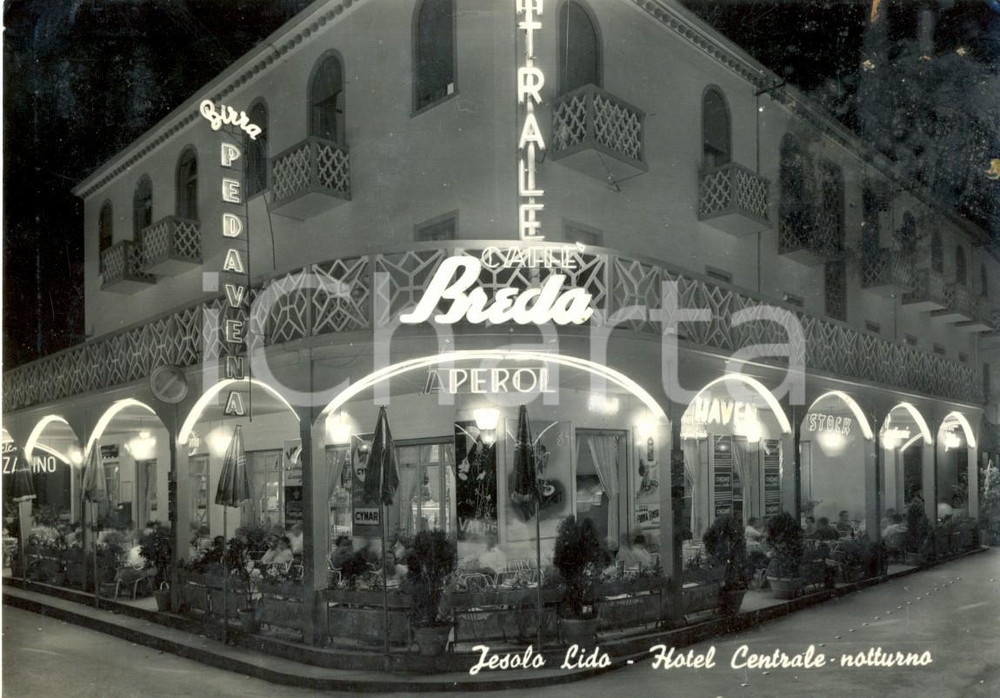 Cartolina originale da collezione 1950 ca JESOLO VE Hotel Centrale con insegne CAFFÃˆ  BREDA e APEROL FG NV 1